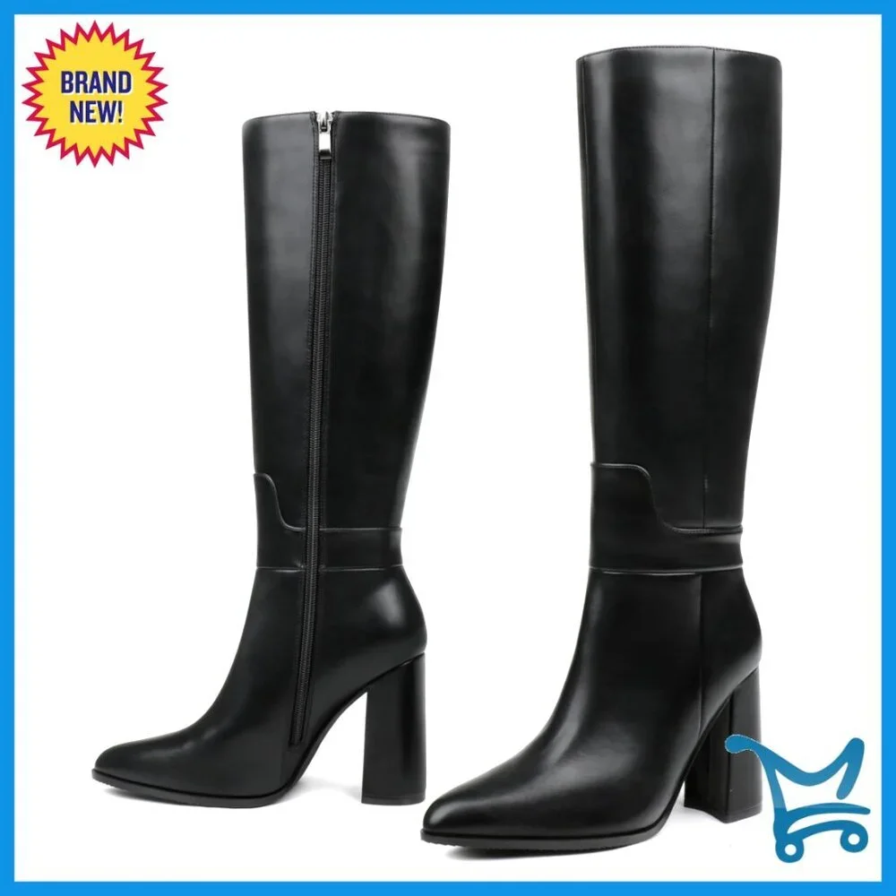 Knee High Heeled Boots with Pointed Toe, Block Heel, Zip Closure